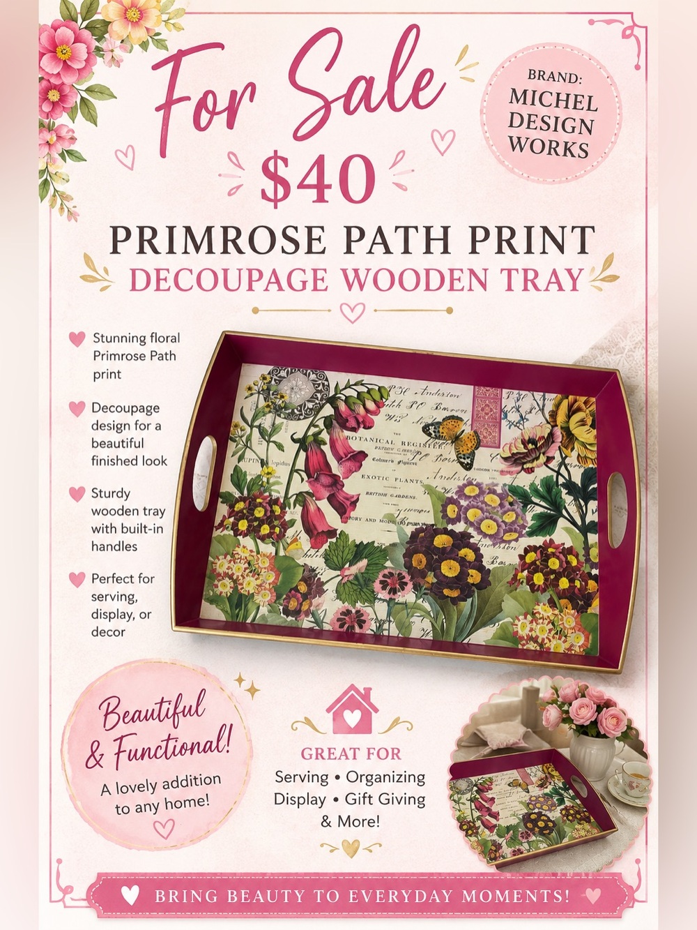 Michel Design Works Primrose Path Decoupage Wooden Tray - Pink Floral